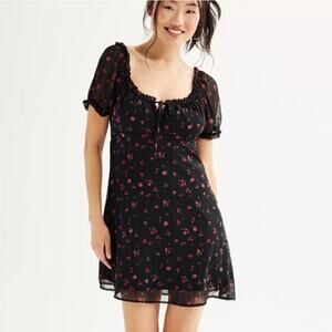 Black Red Floral Milkmaid Babydoll Mini Dress L Dark Fairy Cottage Romance Skate